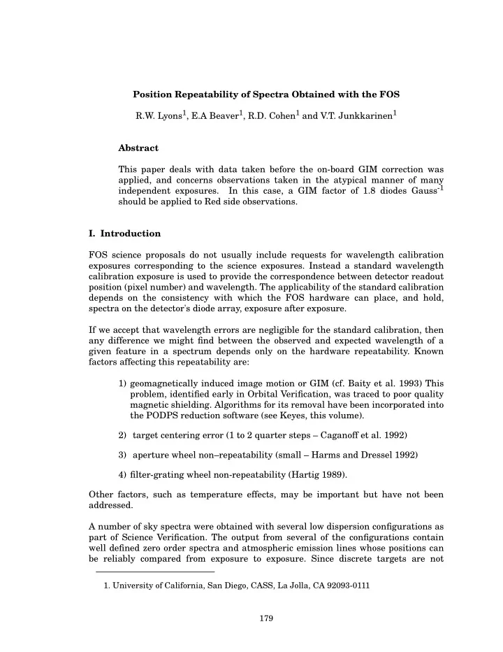 position repeatability of spectra obtained with the fos