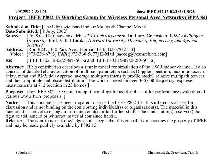 project ieee p802 15 working group for wireless personal