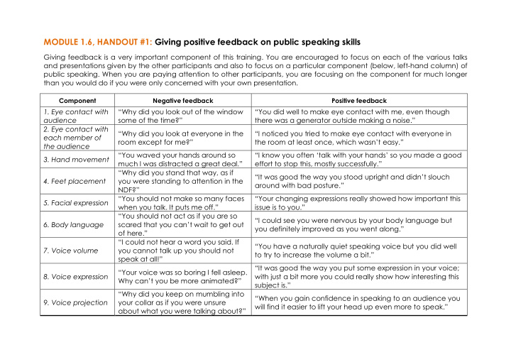 module 1 6 handout 1 giving positive feedback on public