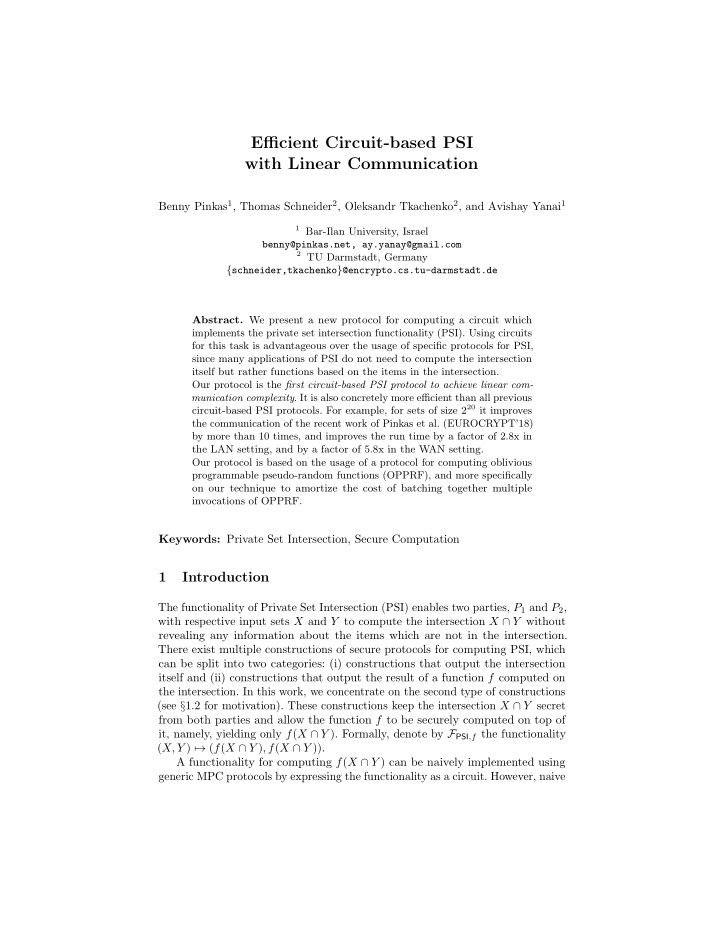 efficient circuit based psi with linear communication