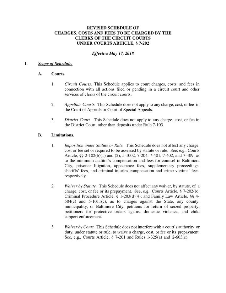 revised schedule of charges costs and fees to be charged