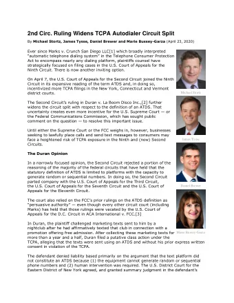 2nd Circ. Ruling Widens TCPA Autodialer Circuit Split By Michael Stortz, James Tysse, Daniel Brewer