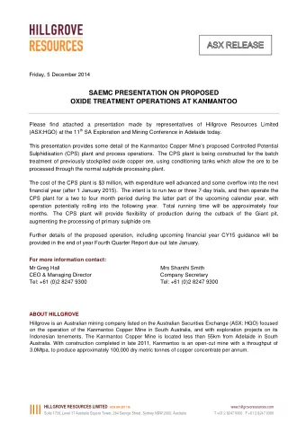 IIII  www.hillgroveresources.com  Suite 1709, Level 17 Australia Square Tower, 264 George Street,