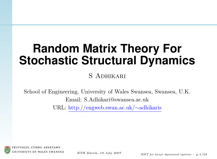 random matrix theory for stochastic structural dynamics