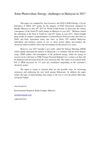 Solar Photovoltaic Energy, challenges in Malaysia in 2017  This paper was compiled by Ana