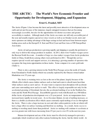 THE ARCTIC:  The Worlds New Economic Frontier and  Opportunity for Development, Shipping, and