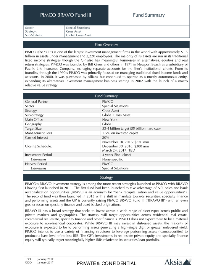 pimco bravo fund iii pimco bravo fund iii fund summary