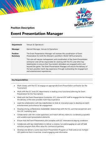 Event Presentation Manager Department  Venues &amp; Operations Manager  General Manager, Venues