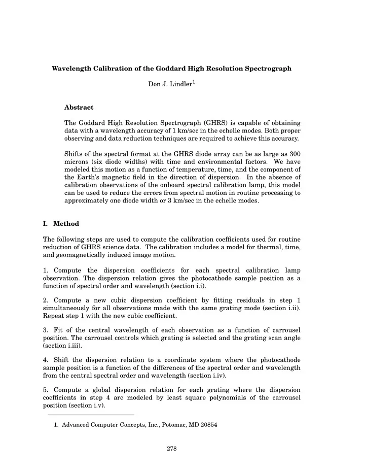 wavelength calibration of the goddard high resolution