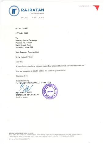 RAJRATAN  OUTPERFORM INDIA I THAILAND  RGWL/I8-19/ 25th July,2018  To,  Bombay Stock Exchange