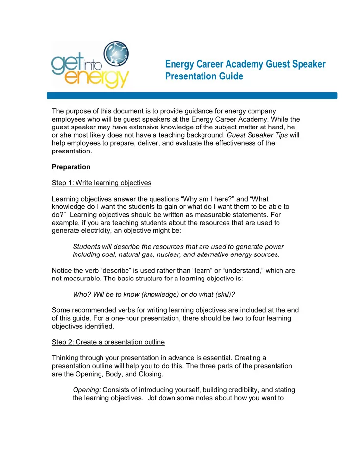 energy career academy guest speaker presentation guide