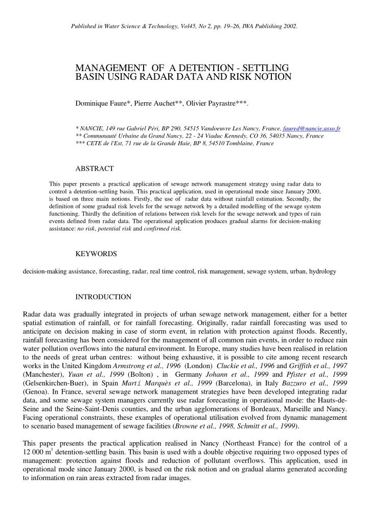 management of a detention settling basin using radar data