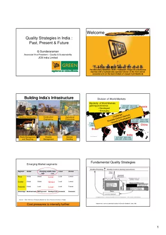 Welcome  Quality Strategies in India :  Past, Present &amp; Future  G Sundararaman  Associate Vice