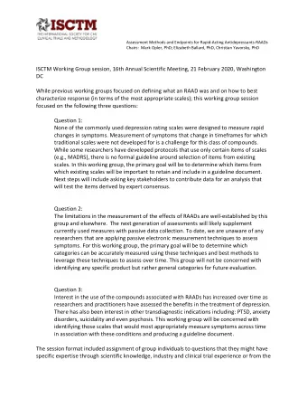 Assessment Methods and Endpoints for Rapid-Acting Antidepressants-RAADs  Chairs:  Mark Opler, PhD;