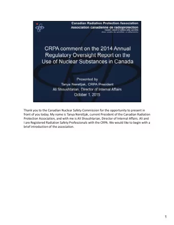 1 The Canadian Radiation Protection Association (CRPA) is a not  for  profit professional