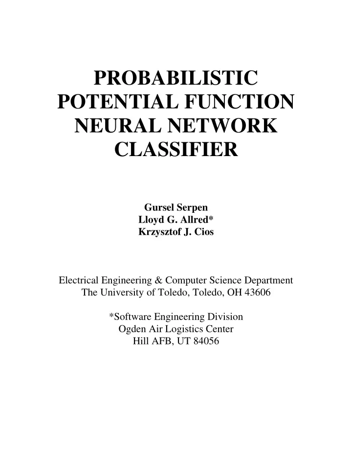 probabilistic potential function neural network classifier
