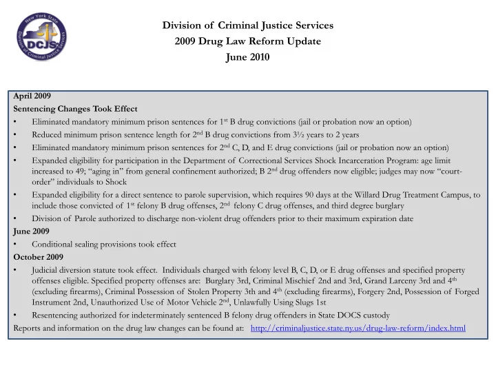 division of criminal justice services 2009 drug law
