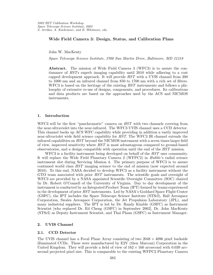 wide field camera 3 design status and calibration plans