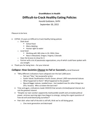 Difficult  to  Crack Healthy Eating Policies Harold Goldstein, DrPH September 30, 2015