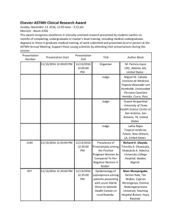Elsevier-ASTMH Clinical Research Award  Sunday, November 13, 2016, 12:00 noon - 3:15 pm  Marriott -