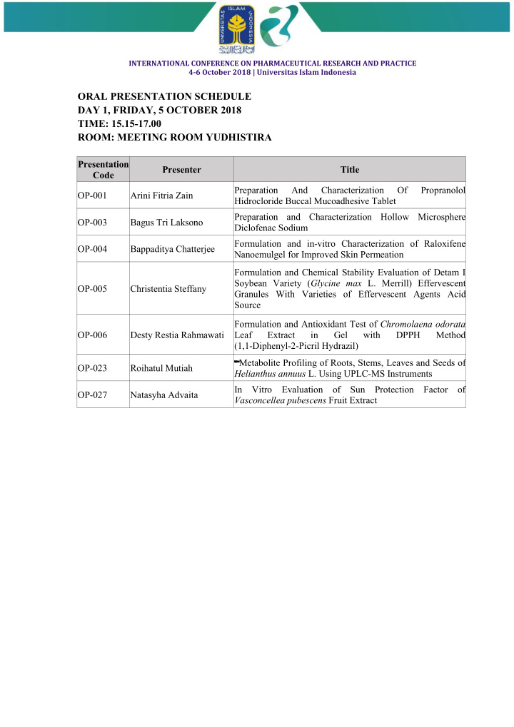 oral presentation schedule day 1 friday 5 october 2018