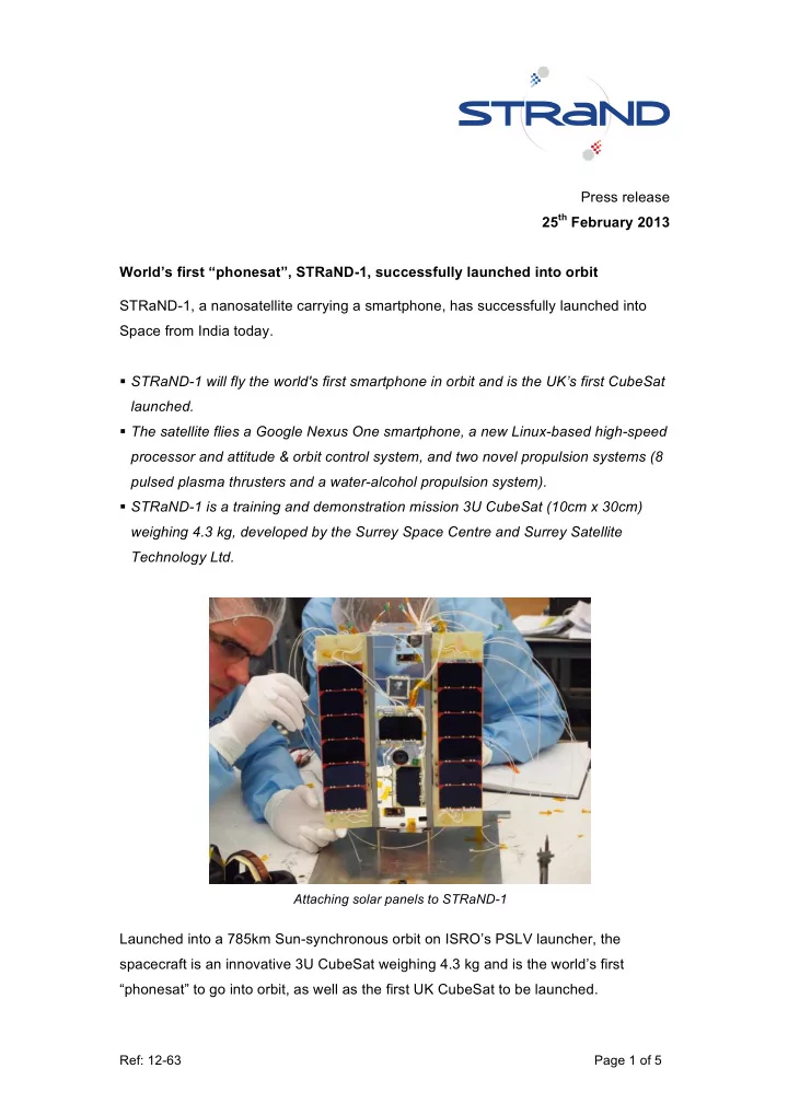 press release 25 th february 2013 world s first phonesat