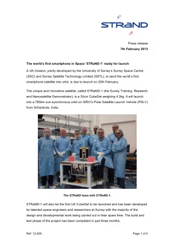 Press release  7th February 2013  The worlds first smartphone in Space STRaND-1 ready for