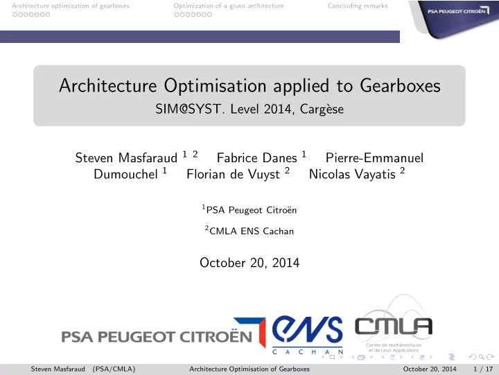 architecture optimisation applied to gearboxes
