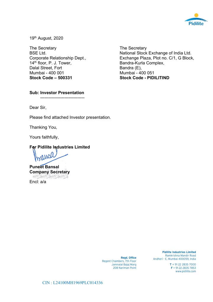 19 th august 2020 the secretary the secretary bse ltd