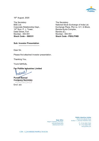 19 th August, 2020  The Secretary  The Secretary  BSE Ltd.  National Stock Exchange of India Ltd.