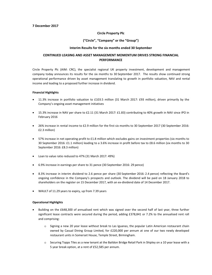 7 december 2017 circle property plc circle company or the