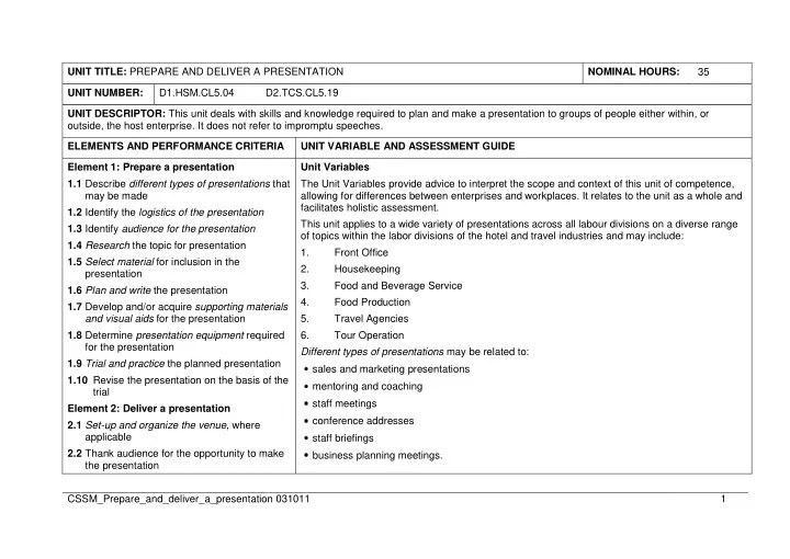 unit title prepare and deliver a presentation nominal