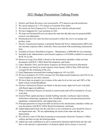 2021 Budget Presentation Talking Points 1. Electric and Water Revenues were increased by .07% based