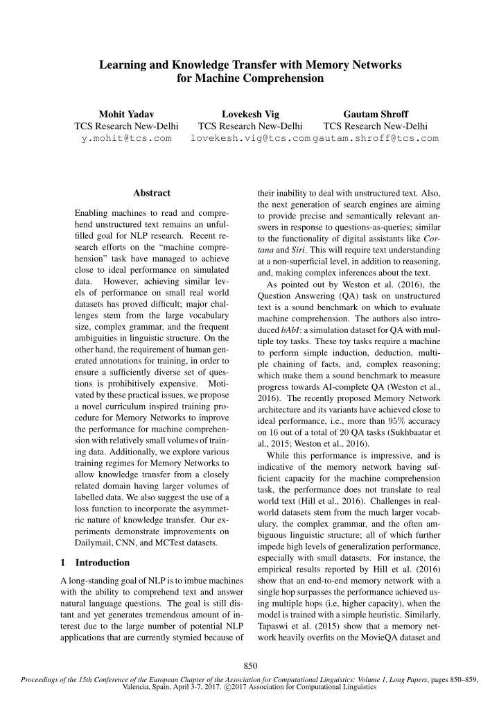 learning and knowledge transfer with memory networks for