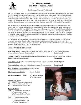 2011 Presentation Day  and 2010-11 Season Awards  Bert Graham Memorial Pool, 3 April  The final