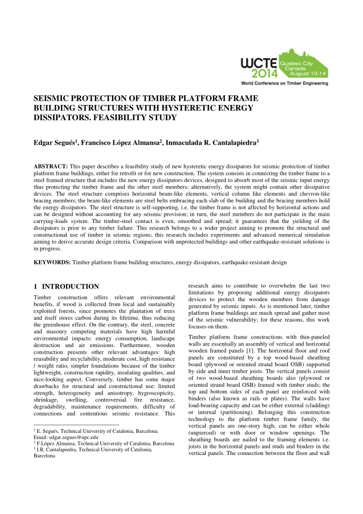 seismic protection of timber platform frame building