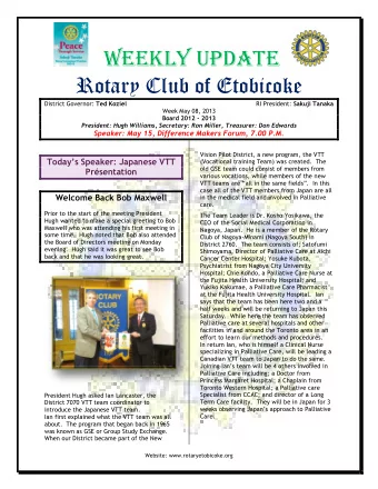 Weekly update  Rotary Club of Etobicoke District Governor: Ted Koziel RI President: Sakuji Tanaka