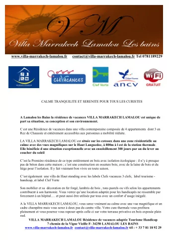 www.villa-marrakech-lamalou.fr     contact@villa-marrakech-lamalou.fr Tel 0781189229  CALME