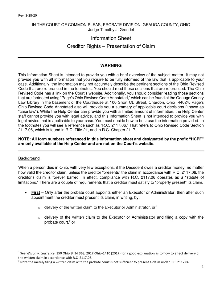 information sheet creditor rights presentation of claim