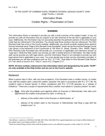 Information Sheet Creditor Rights  Presentation of Claim  WARNING  This Information Sheet is