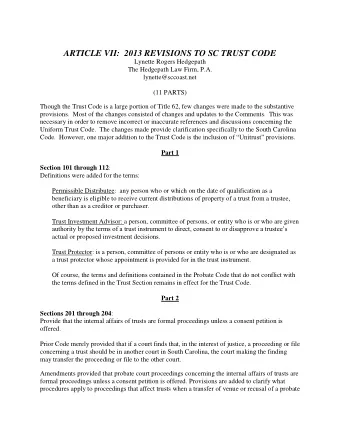 ARTICLE VII:  2013 REVISIONS TO SC TRUST CODE  Lynette Rogers Hedgepath  The Hedgepath Law Firm,
