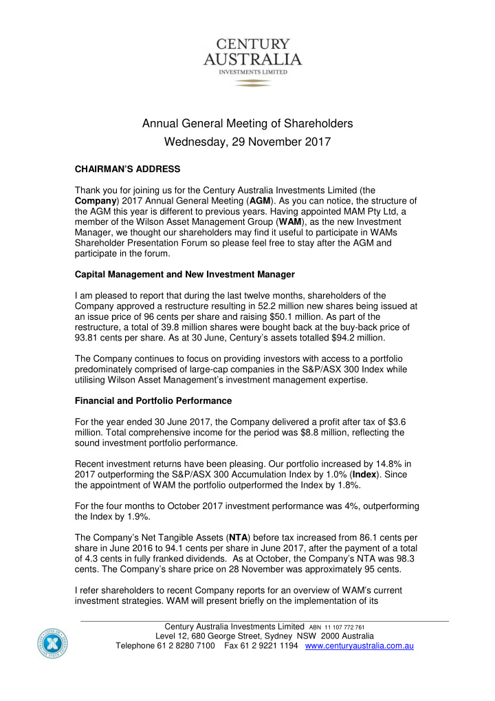 annual general meeting of shareholders wednesday 29