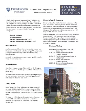 Business Plan Competjtjon 2016 Informatjon for Judges Dinner &amp; Awards Ceremony  Thank you for