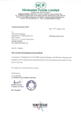 @) H i n d u s t a n F o o d s L i m i t e d A V a n i t y C a s e G r o u p C o m pa n y R e g i