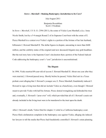 Stern v. Marshall  Shaking Bankruptcy Jurisdiction to Its Core?  July/August 2011  Benjamin