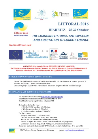 LITTORAL 2016  BIARRITZ    25-29 October  THE CHANGING LITTORAL. ANTICIPATION  AND ADAPTATION TO
