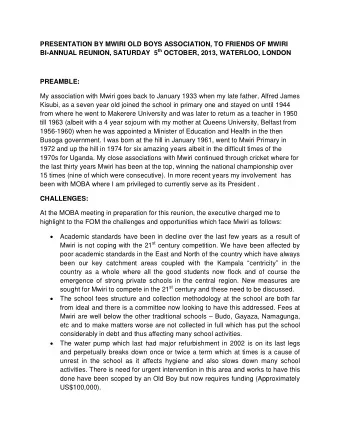 PRESENTATION BY MWIRI OLD BOYS ASSOCIATION, TO FRIENDS OF MWIRI BI-ANNUAL REUNION, SATURDAY  5 th