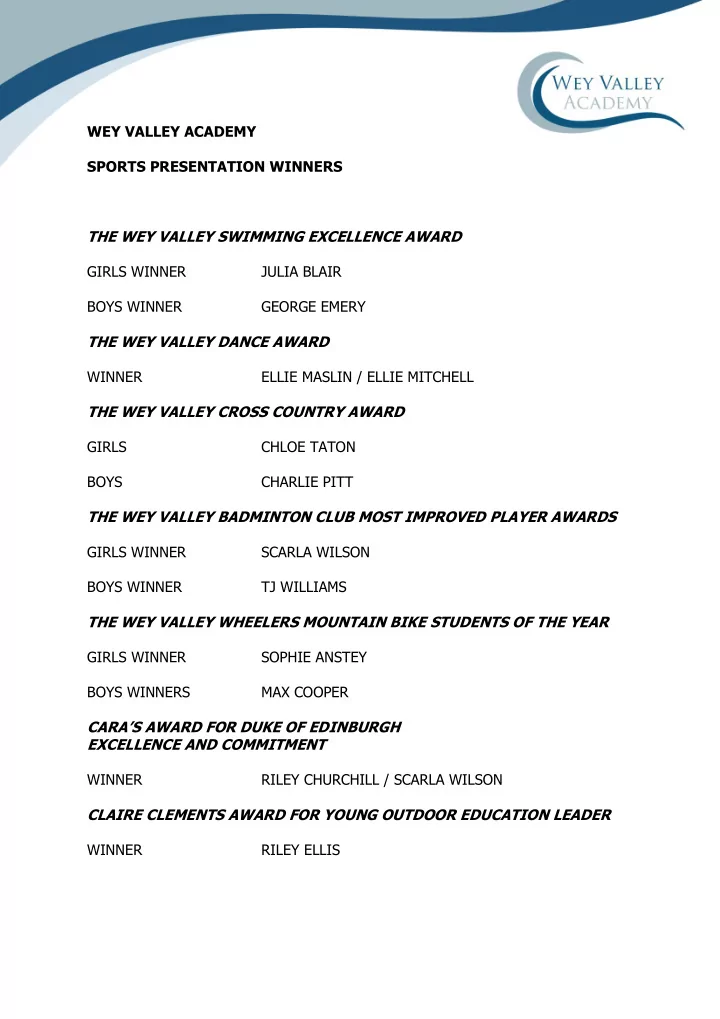the wey valley swimming excellence award