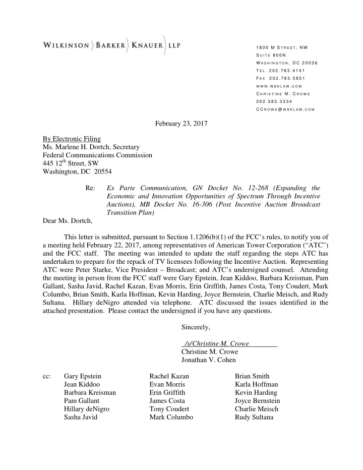 february 23 2017 by electronic filing ms marlene h dortch