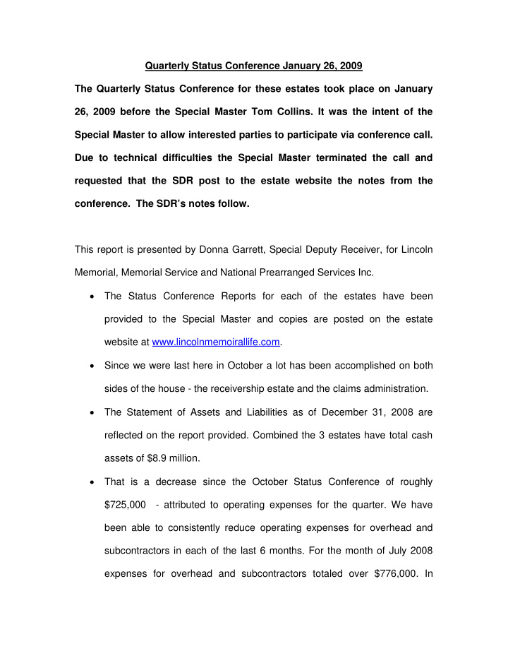 quarterly status conference january 26 2009 the quarterly